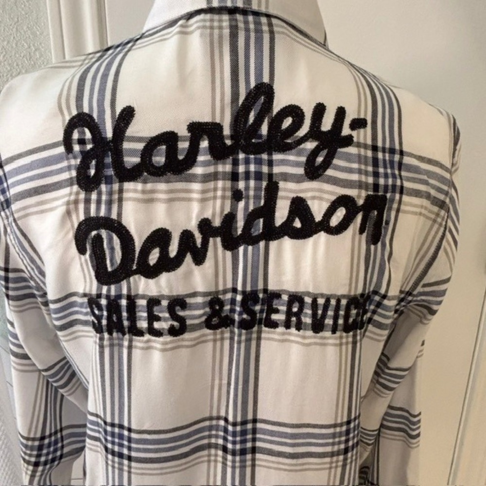 Harley Davidson Plaid Button Up Shirt Womens Medium White Blue Sales & Service
